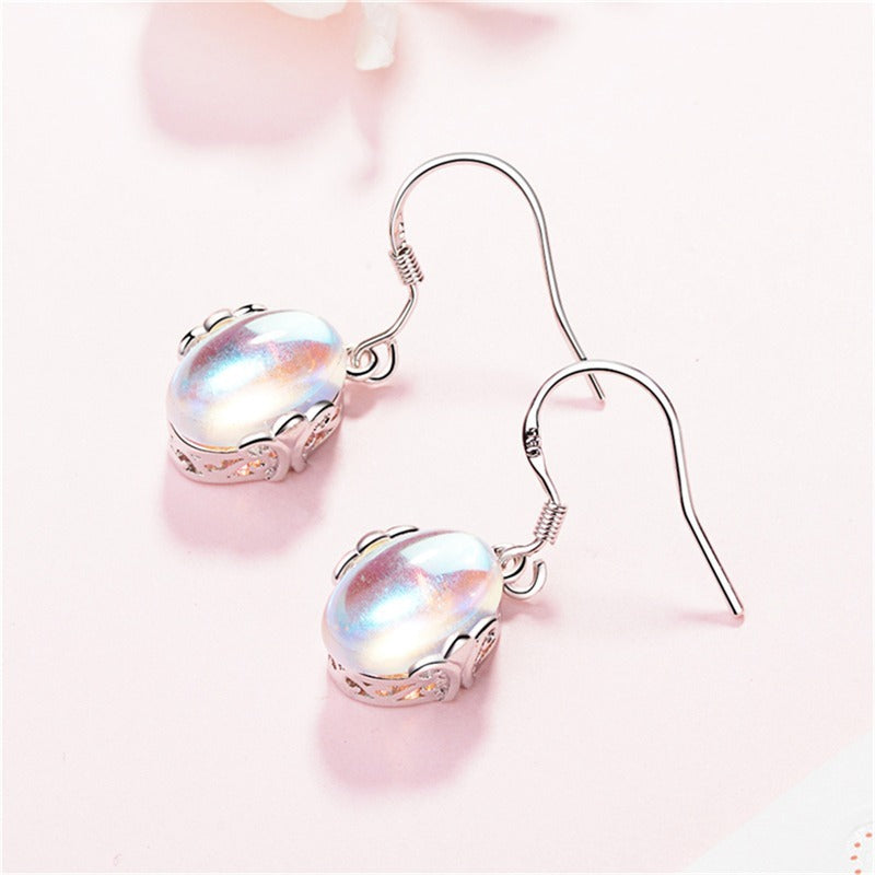 Moonstone Teardrop Earrings Oval Opal Copper Droplets Dangle Earrings-Jewearrings