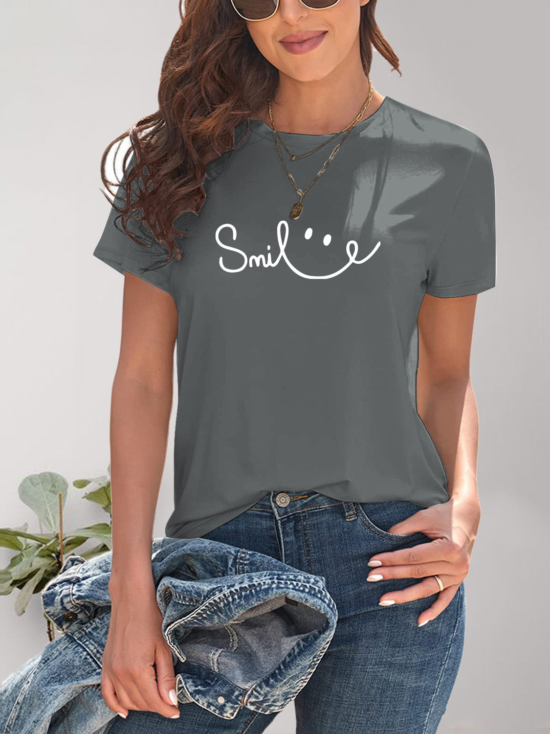 SMILE Round Neck Short Sleeve T-Shirt-Jewearrings