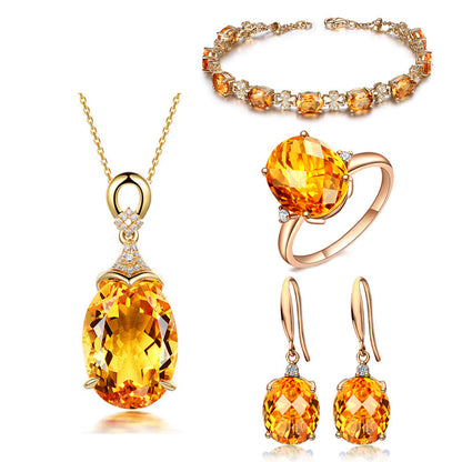 Yellow Gold Oval Earrings Citrine Pendant Set-Jewearrings