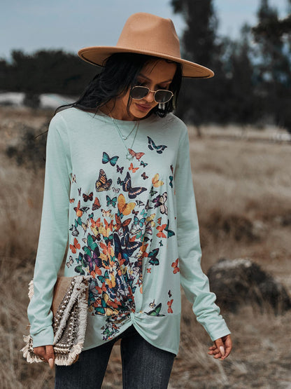 Butterflies Print Long Sleeve Round Neck Tee-Jewearrings