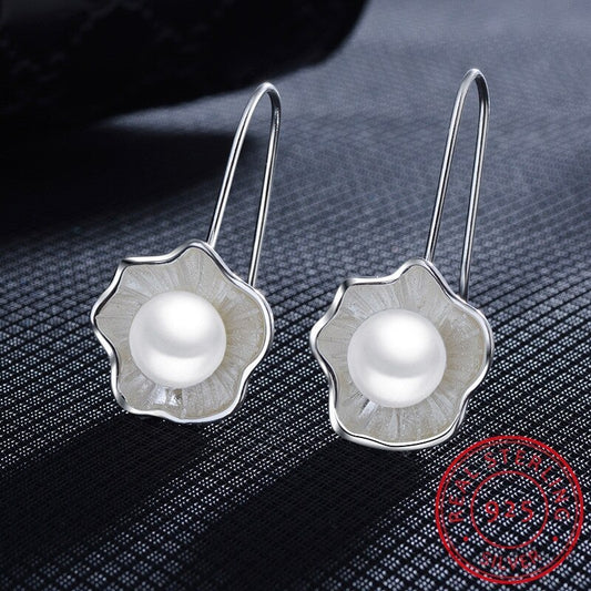 Ladies Silver Pearl Lotus Earrings-Jewearrings