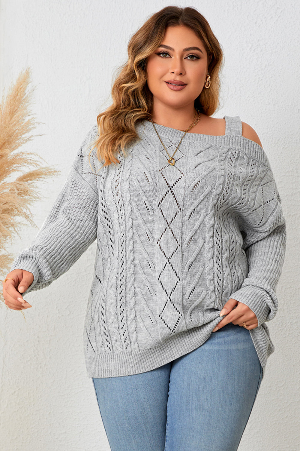 Plus Size Cold Shoulder Asymmetrical Cable-Knit Top-Jewearrings