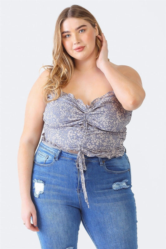 Zenobia Plus Size Drawstring Smocked Floral Tube Top-Jewearrings