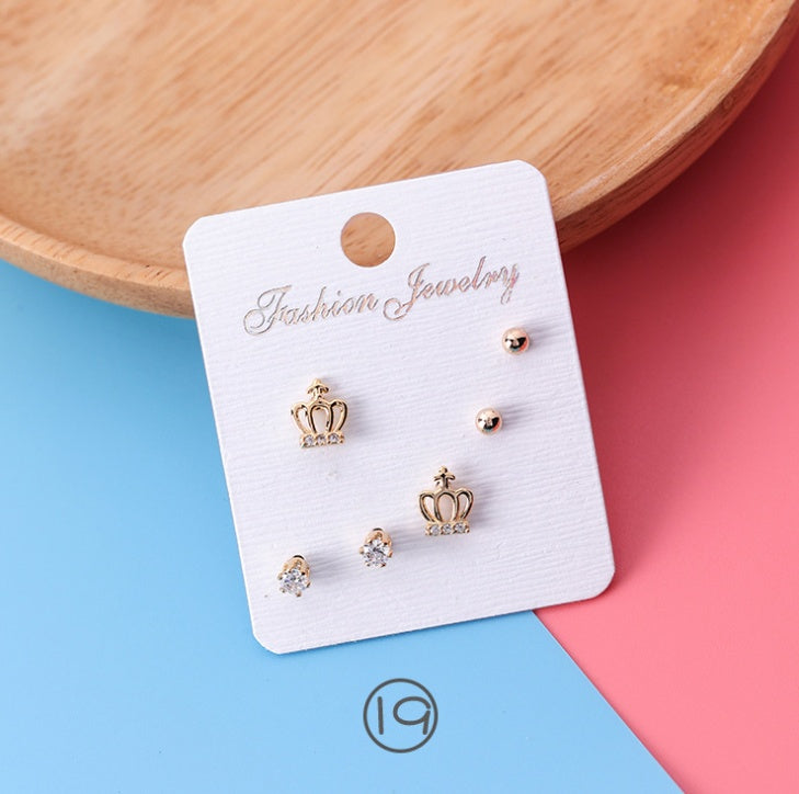 Japan and South Korea mini series set bow earrings 6 sets of stars flowers shine zircon earrings small ear bone nails-Jewearrings