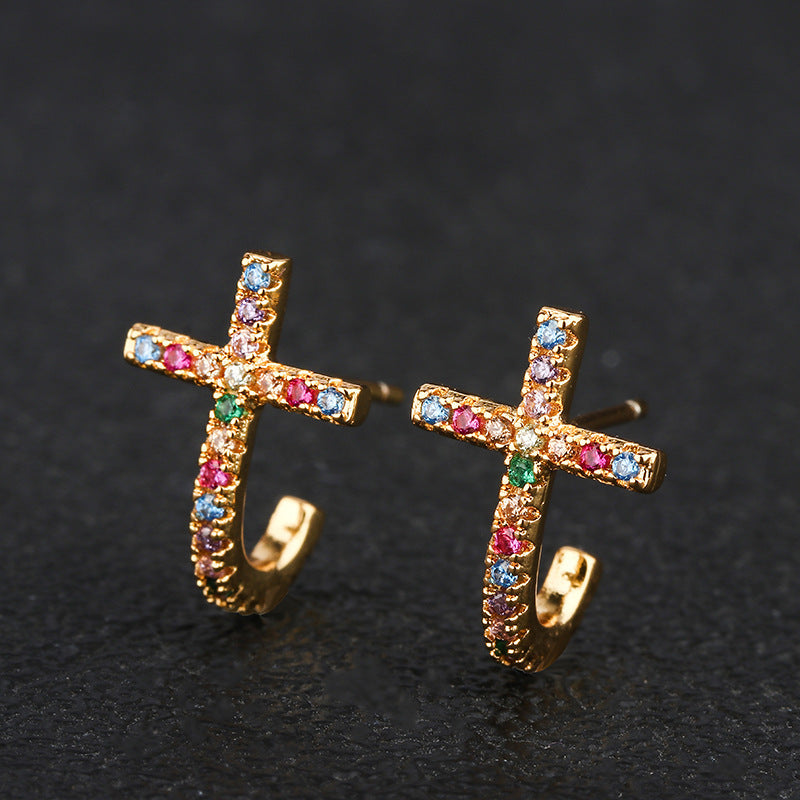 Cross colored zircon earrings-Jewearrings