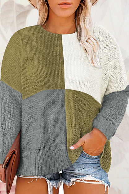 Plus Size Color Block Round Neck Sweater-Jewearrings