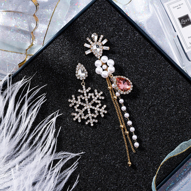 Korean fashion exaggerated asymmetric snowflake earrings long drop jewel tassel pearl earrings hipster earrings-Jewearrings