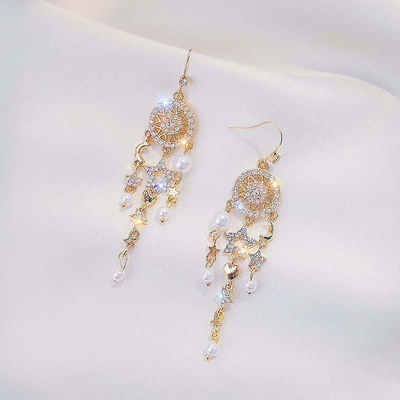 Pearl tassel star and moon earrings-Jewearrings