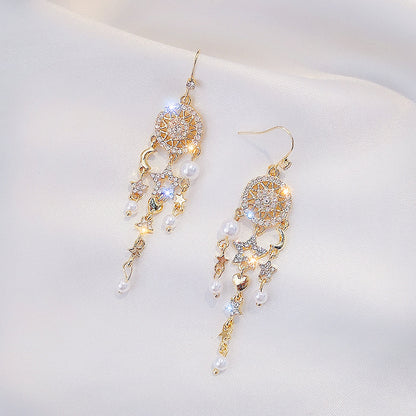 Pearl tassel star and moon earrings-Jewearrings