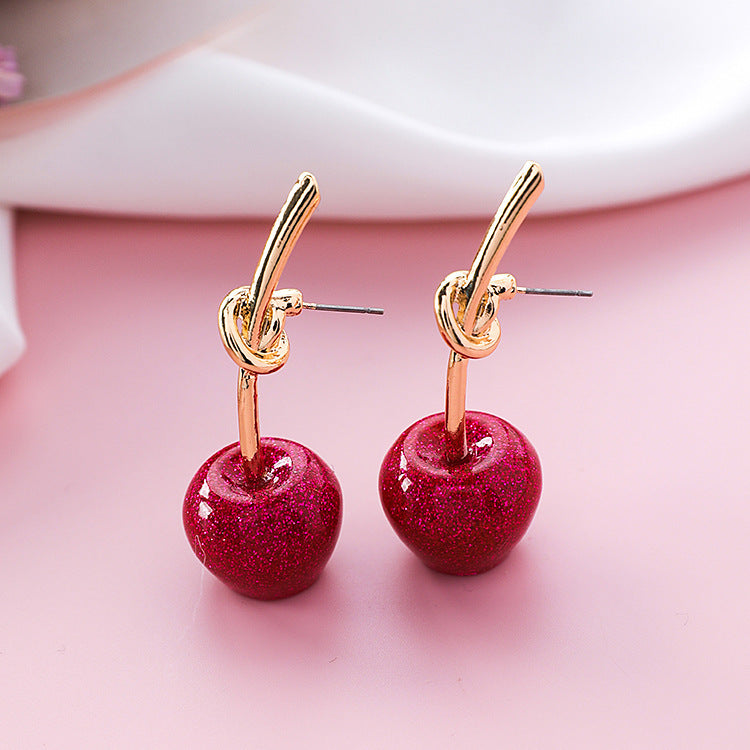 Fashion Women Sequins Flashing Red Cherry Earrings Sweet Wild Golden Cherry Earrings Knotted Stud Earrings For Women-Jewearrings