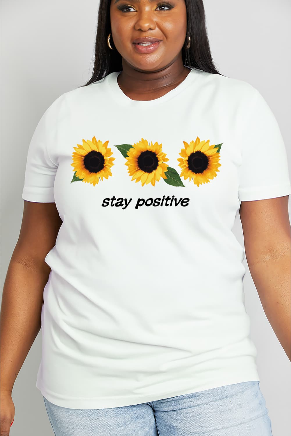 Simply Love Full Size STAY POSITIVE Sunflower Graphic Cotton Tee-Jewearrings