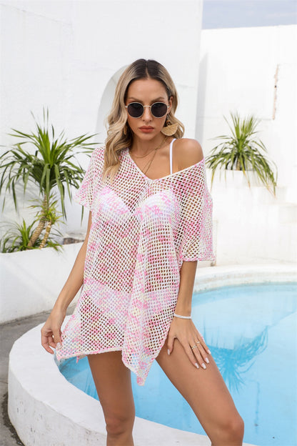 Openwork V-Neck Short Sleeve Cover Up-Jewearrings