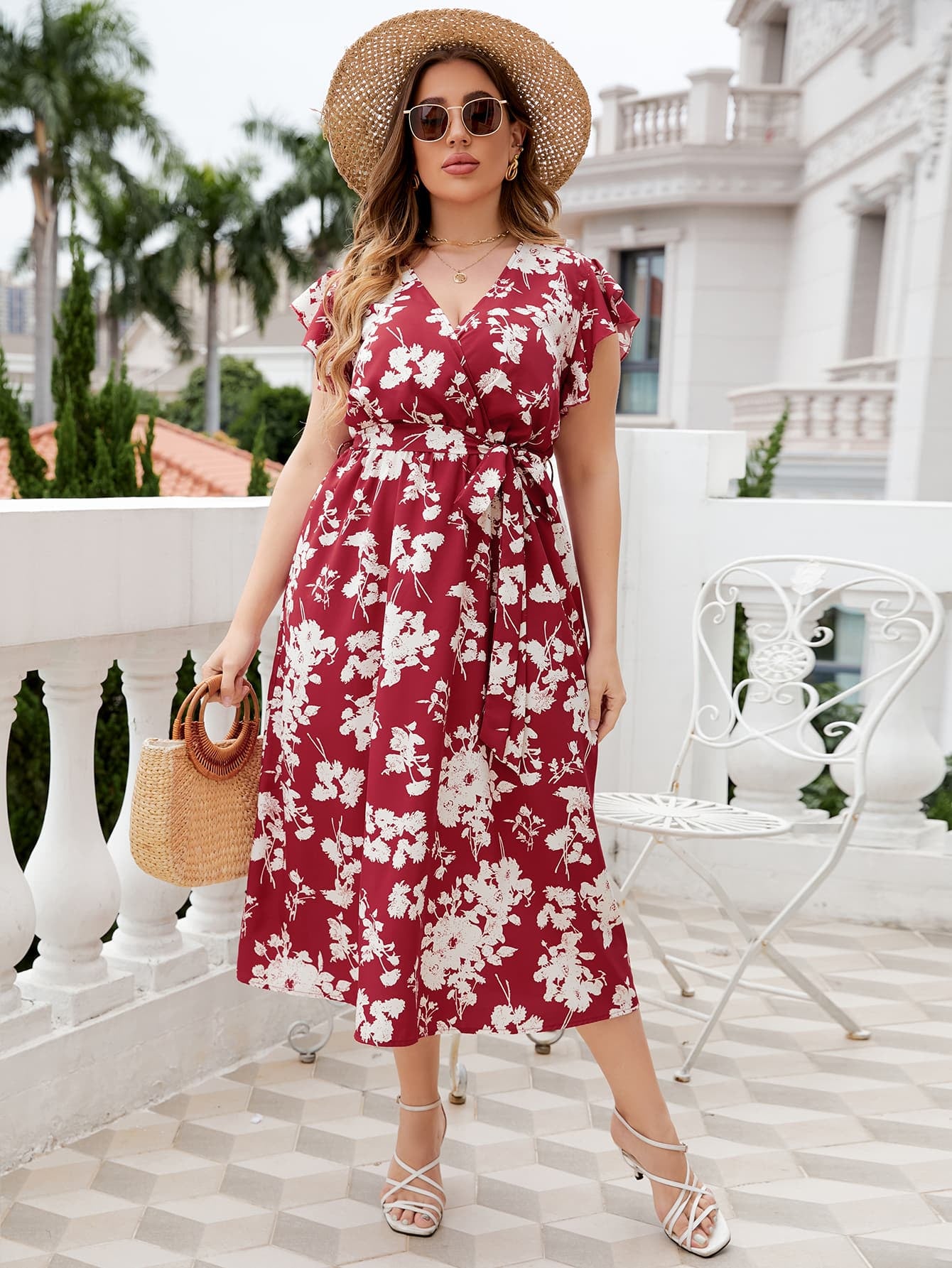 Plus Size Floral Tie Waist Surplice Neck Midi Dress-Jewearrings