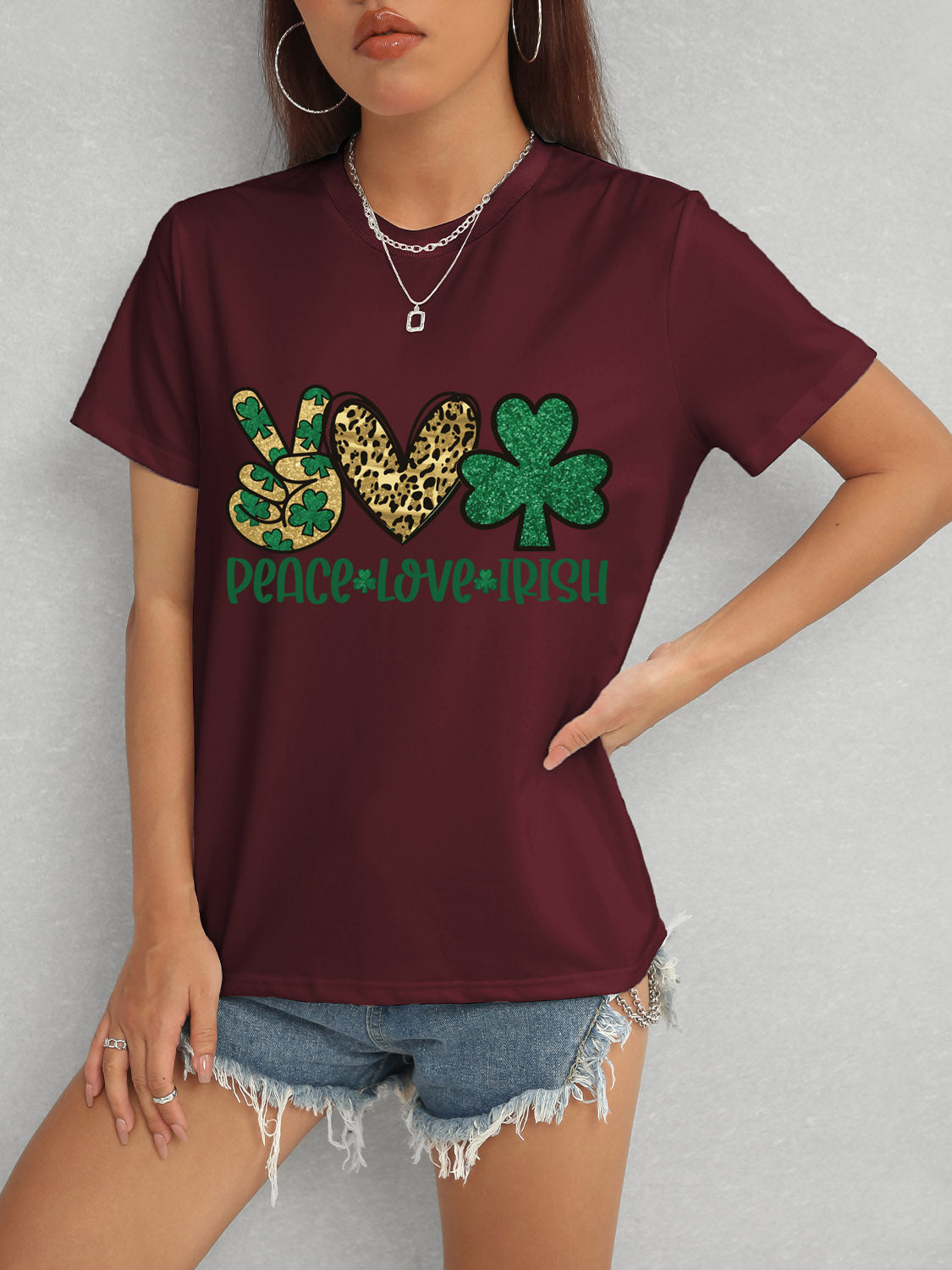 PEACE LOVE IRISH Round Neck Short Sleeve T-Shirt-Jewearrings