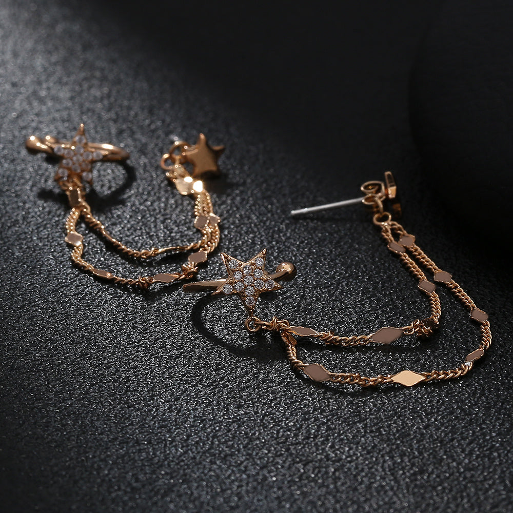 Ear Bone Clip Ear Line Integrated Long Tassel Earrings Micro Set Zircon Five Pointed Star Earrings Ear Clip Jewelry-Jewearrings