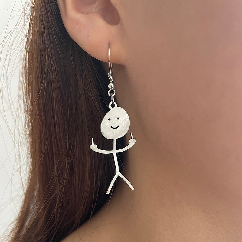 Funny Doodle Dangle Earrings Smiley Stick Figure Hand Gesture Middle Finger Statement Earrings For Women-Jewearrings