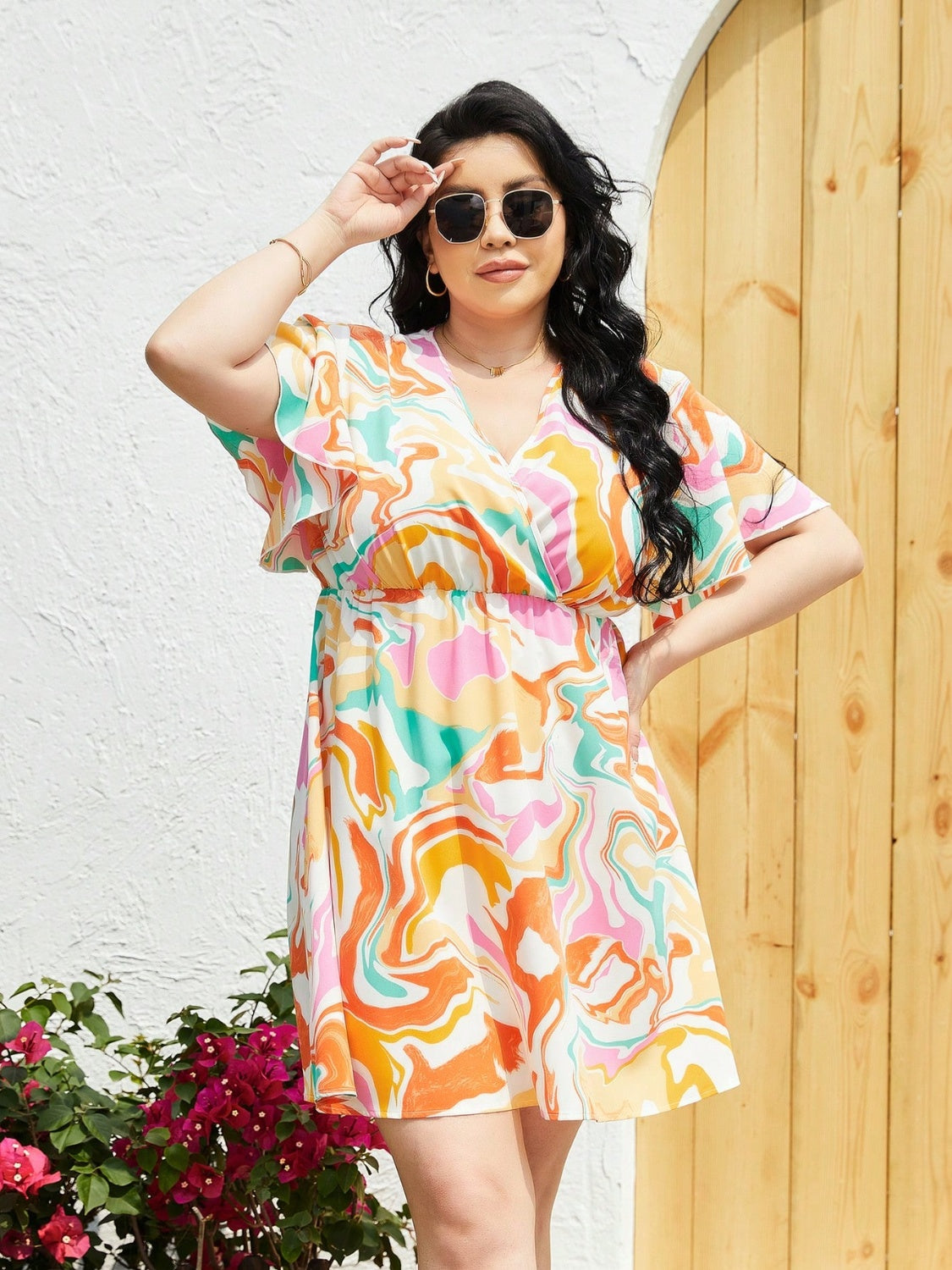 Plus Size Printed Surplice Flutter Sleeve Mini Dress-Jewearrings