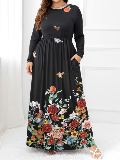 Plus Size Round Neck Maxi Dress with Pockets-Jewearrings