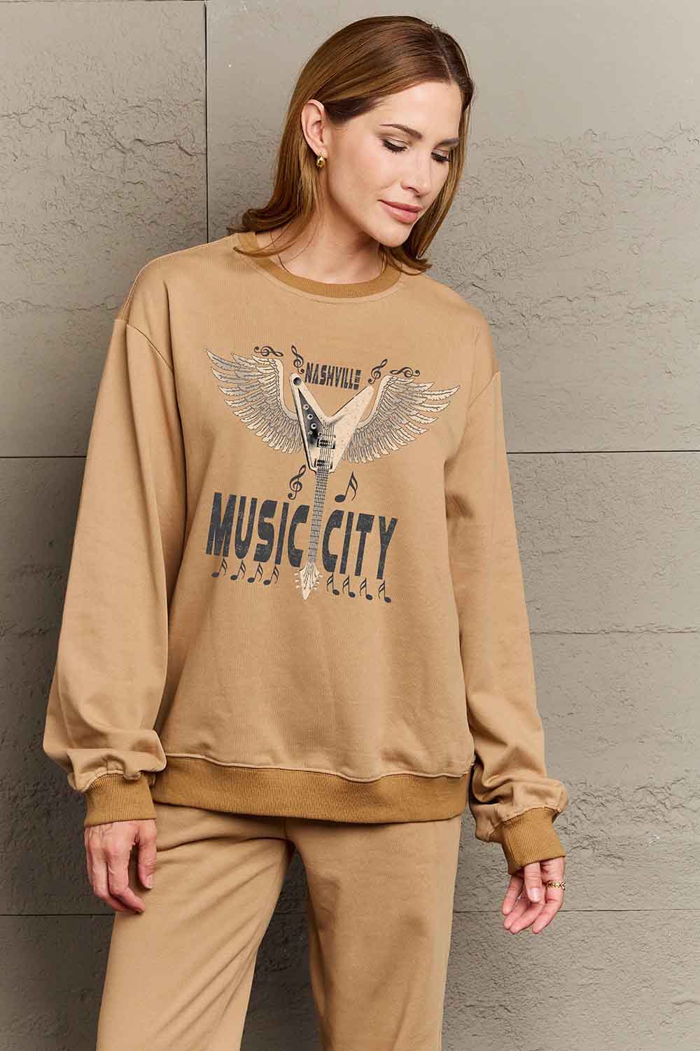 Simply Love Simply Love Full Size Round Neck Dropped Shoulder MUSIC CITY Graphic Sweatshirt-Jewearrings