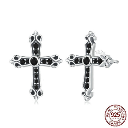 European And American Style Simple Black Vintage Cross Stud Earrings S925 Sterling Silver-Jewearrings