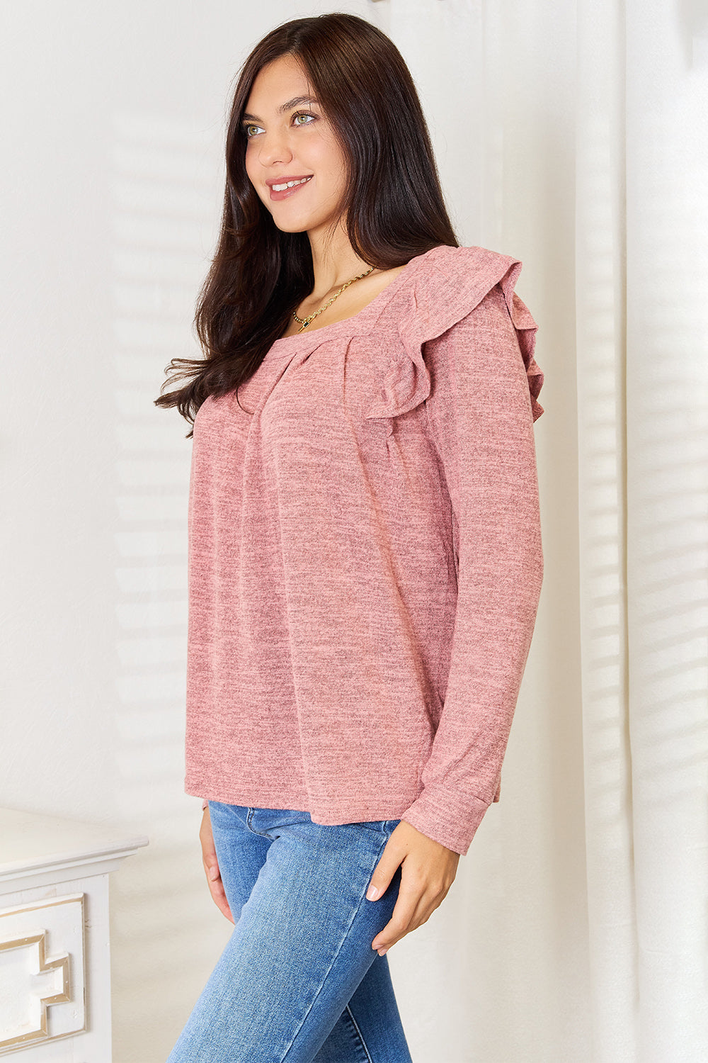 Double Take Square Neck Ruffle Shoulder Long Sleeve T-Shirt-Jewearrings