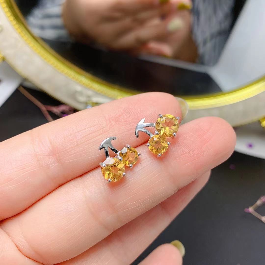 Natural Citrine Stud Earrings Small Cherry 925 Silver-Jewearrings