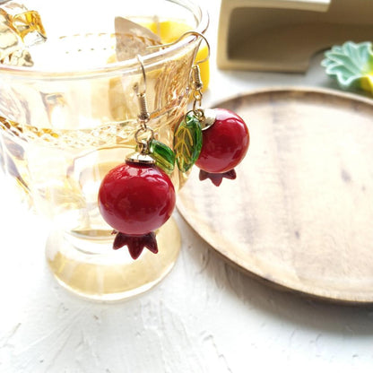 Silver Green Leaf Lovely Pomegranate Streamer Red Earrings-Jewearrings