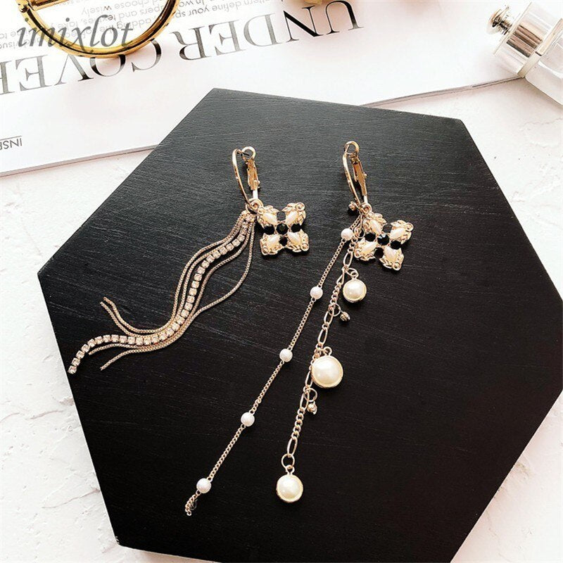 Vintage Asymmetric Pearl Tassel Earrings-Jewearrings