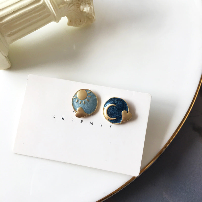 Sun Moon Stud Earrings Creative Round Oil Drop Earrings-Jewearrings