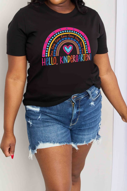 Simply Love Full Size LOVE HELLO KINDERGARTEN Rainbow Graphic Cotton Tee-Jewearrings