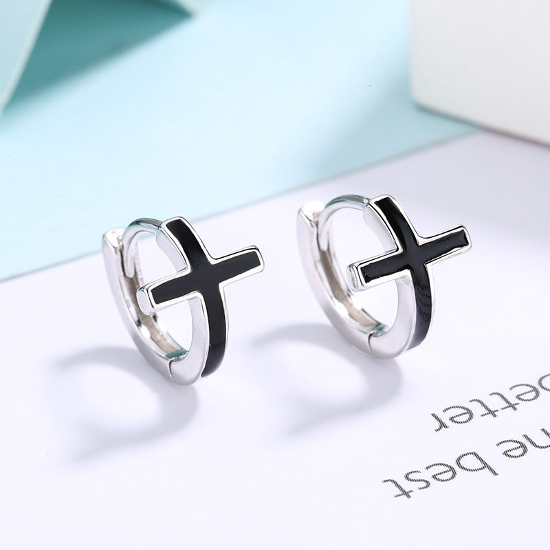 S925 Sterling Silver Cross Earrings female men Earrings-Jewearrings