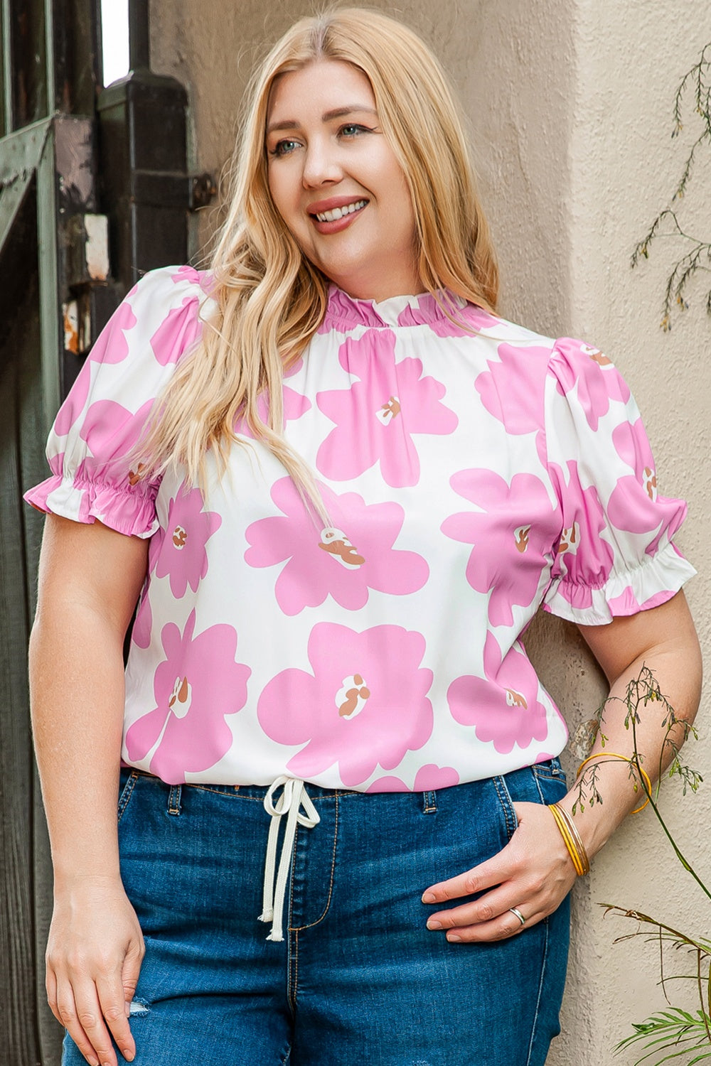 Plus Size Printed Round Neck Short Sleeve Top-Jewearrings