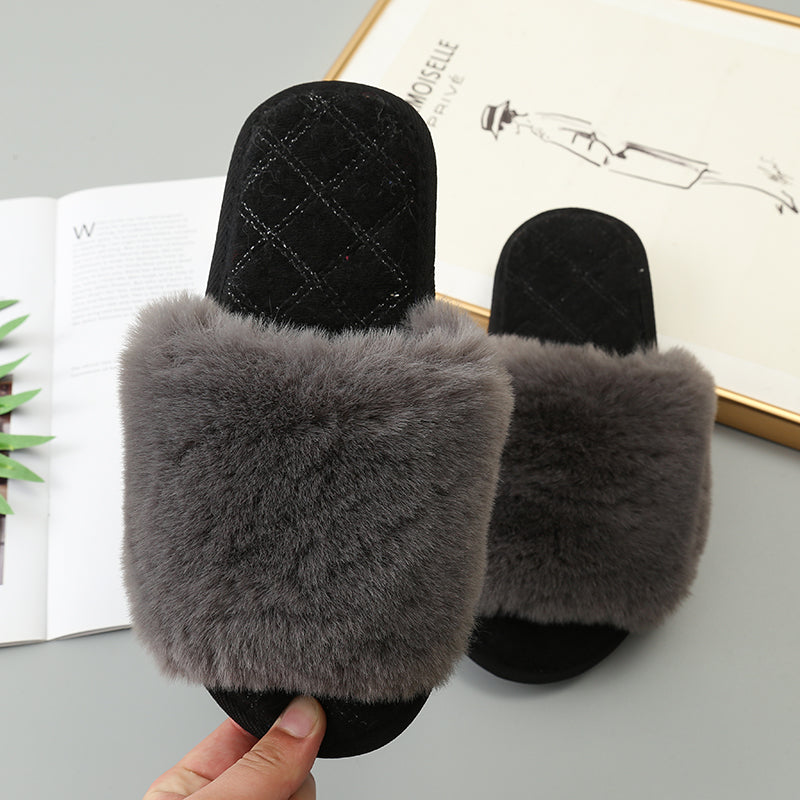 Faux Fur Open Toe Slippers-Jewearrings