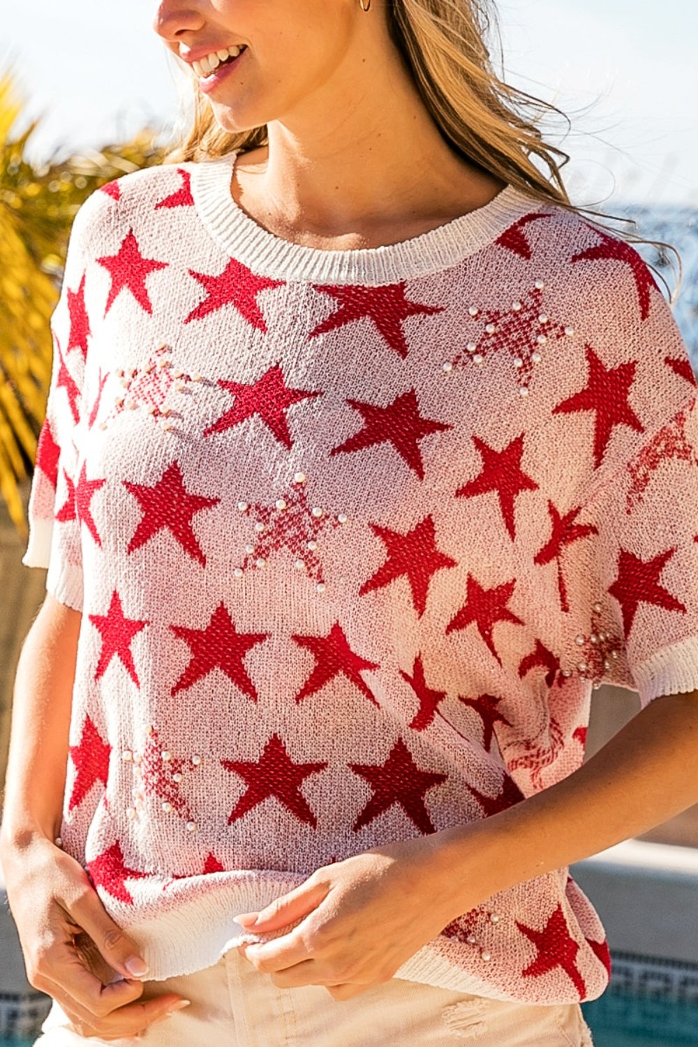 BiBi Star Pattern Round Neck Short Sleeve Knit Top-Jewearrings