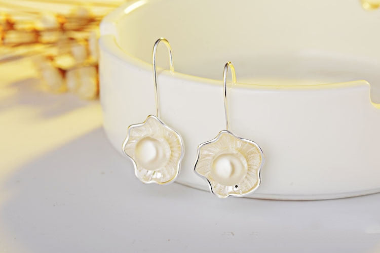 Ladies Silver Pearl Lotus Earrings-Jewearrings