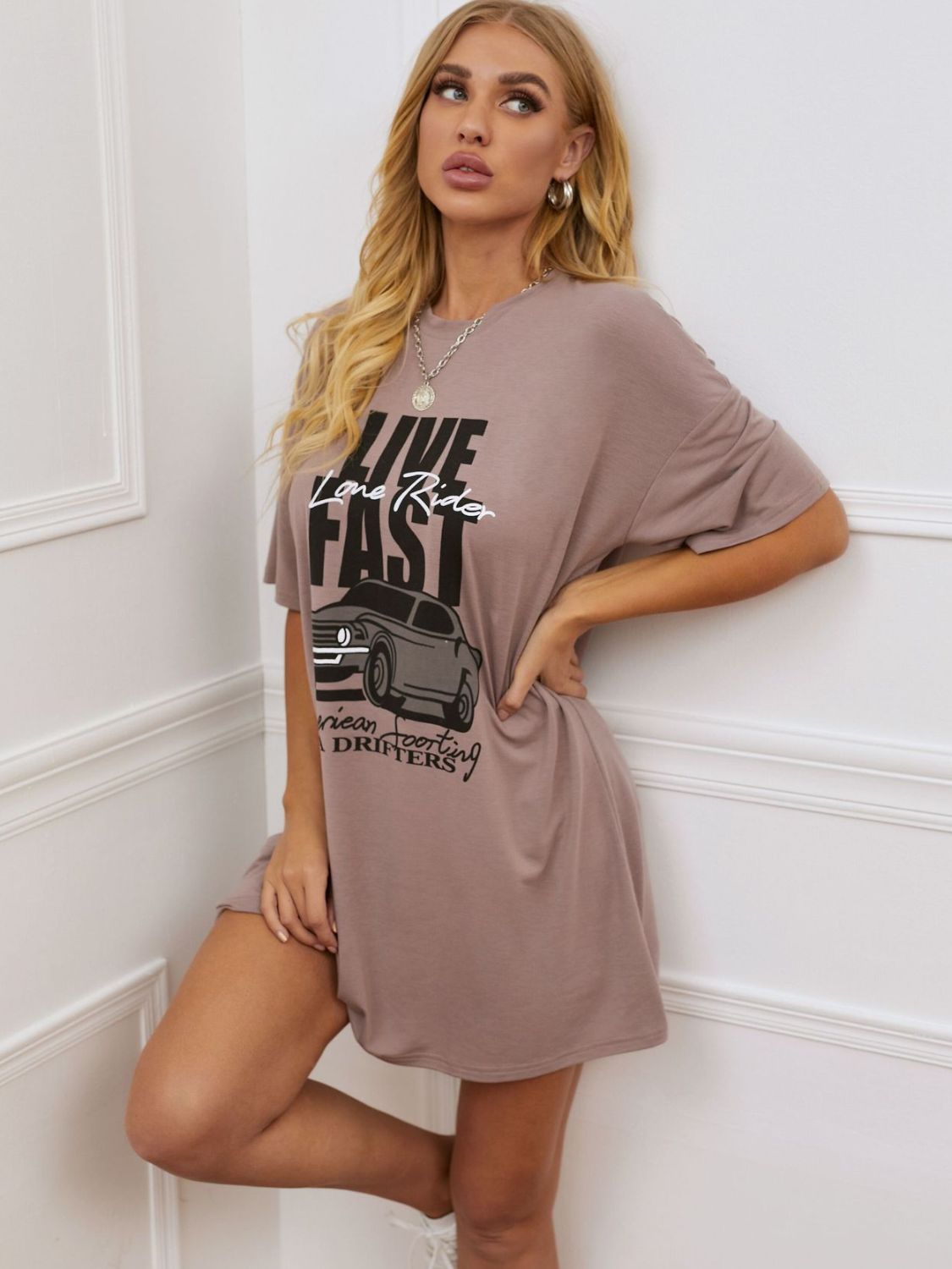 Printed Round Neck Half Sleeve T-Shirt Dress-Jewearrings