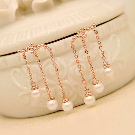 Korean Water Drop Three-Layer Pearl Long Earrings-Jewearrings