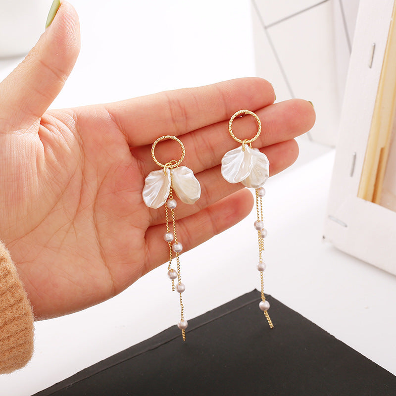 Pearl Petal Long Fringe Stud Earrings-Jewearrings