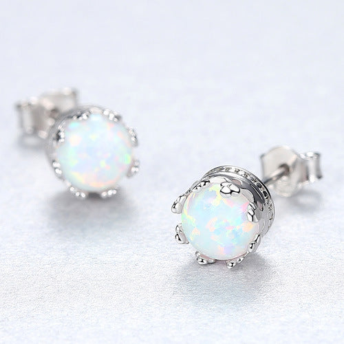 Round Opal Sterling Silver Stud Earrings-Jewearrings