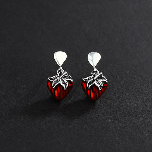 S925 Sterling Silver Retro Simple Kaedo Drip Glue Strawberry Earrings-Jewearrings