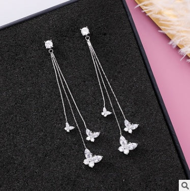 925 silver needle wild butterfly earrings female personality super fairy zircon earrings simple tassel net red earrings ear jewelry-Jewearrings