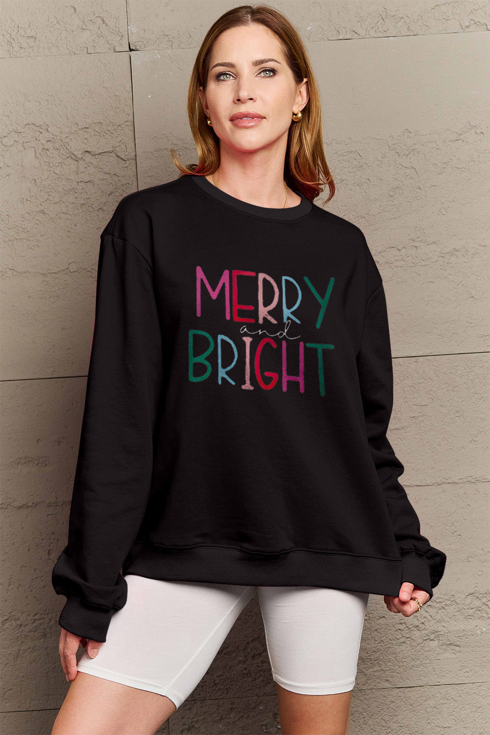 Simply Love Full Size MERRY AND BRIGHT Graphic Sweatshirt-Jewearrings