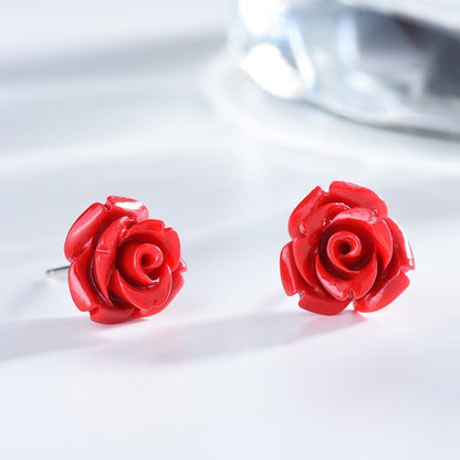 Ladies S925 Sterling Silver Red Rose Temperament Simple Earrings-Jewearrings