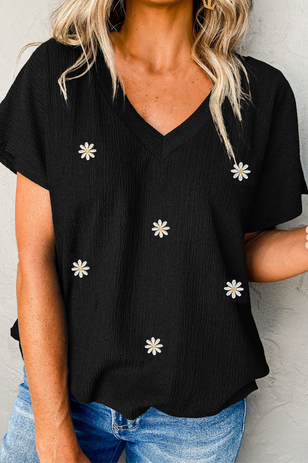 Daisy V-Neck Short Sleeve T-Shirt-Jewearrings