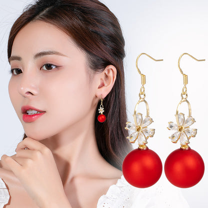 Short Festive Red Pearl Frosted Bead Earrings-Jewearrings