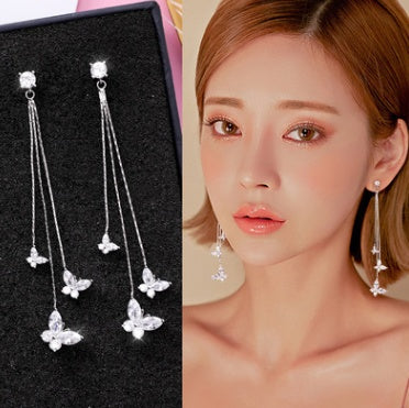 925 silver needle wild butterfly earrings female personality super fairy zircon earrings simple tassel net red earrings ear jewelry-Jewearrings