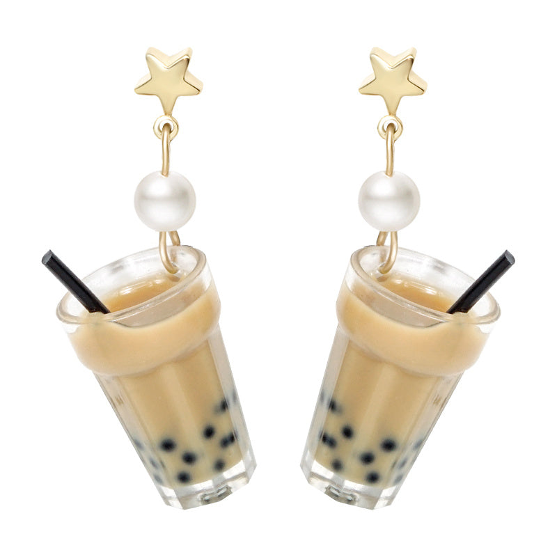 Pearl milk tea female earrings-Jewearrings