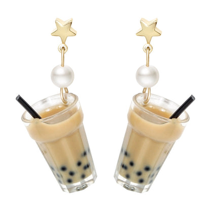 Pearl milk tea female earrings-Jewearrings