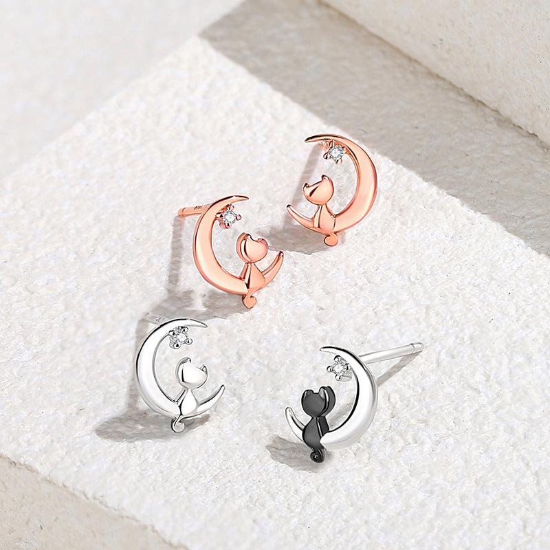 Original Moon Love Cat Stud Earrings 925 Sterling Silver Cute And Compact-Jewearrings