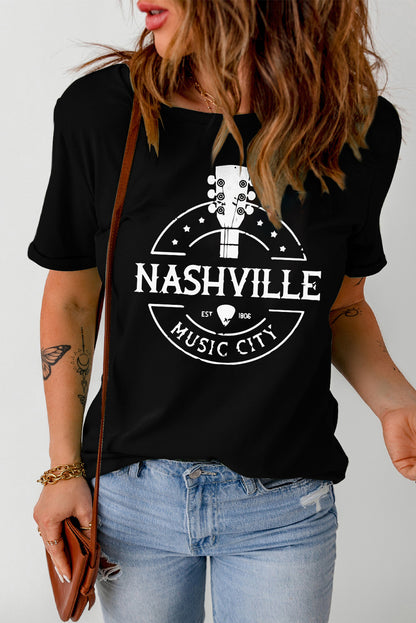 Western NASHVILLE MUSIC CITY Cuffed Graphic Tee Shirt-Jewearrings